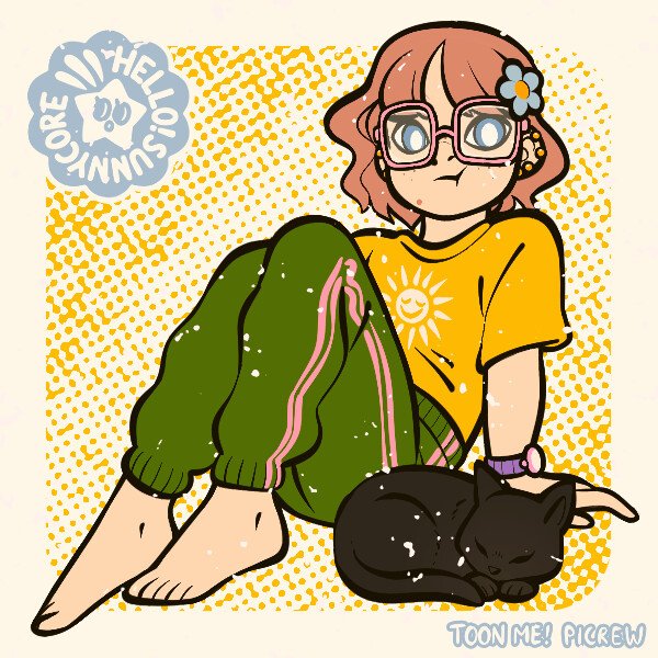 Cartoonish cute illustration of a girl with short reddish hair, blue eyes, huge square pink frames, multiple earring studs, a blue flower hair pin, a yellow shirt with a happy sun on it, a purple and pink watch, green comfy jogger pants with a pink stripe up the side, a curled up black kitty next to her, and the girl is sitting on the ground with her knees up, leaning back. She doesn't have shoes or socks on. In the corner there is a cute retro-ish badge that says HELLO! SUNNYCORE