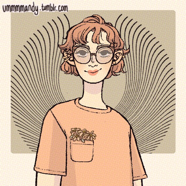 Digital illustration of a person with short wave reddish blondish hair and big round glasses, an orange tshirt with flowers in the front pocket, and a stylized black line art in the background that slightly resembles wings, set against a tan square. 