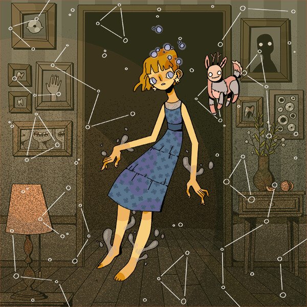 Digital illustration of a dark interior room with odd framed art and objects on the wall. A girl character in a blue dress floats in the foreground, very long and lanky and doll-like. She has short reddish hair with blunt bangs, a patchwork doll creature floats next to her head, tiny blue glowing orbs float near the girl's head, liquid floats up from her feet and hands, and constellations are superimposed in the space around her. 