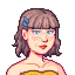 Pixel portait in the style of a stardew valley avatar. Girl with chin-length brownish blondish hair, blunt bangs, blue eyes, light glasses, blue hair clips above the ear, and a yellow sleevless shirt. 