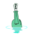 Little animated message in a bottle, bobbing in water. 