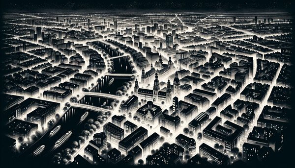City of Hannover, night scene, isometric, ink