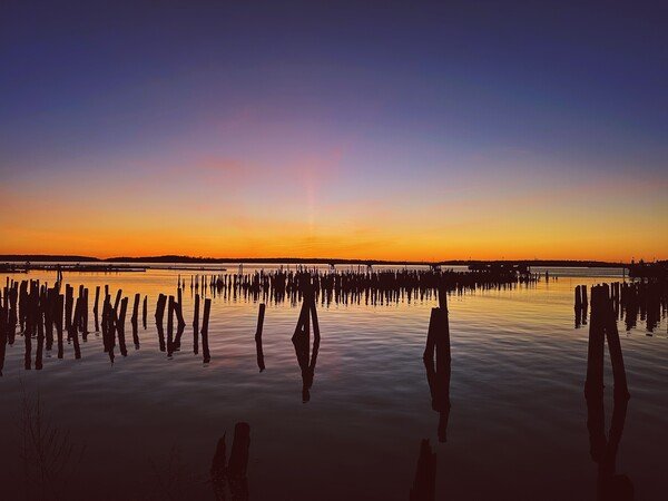 Sunrise casts vibrant orange and purple hues over a calm bay with silhouetted pilings reflecting in the water. *Portland, ME*