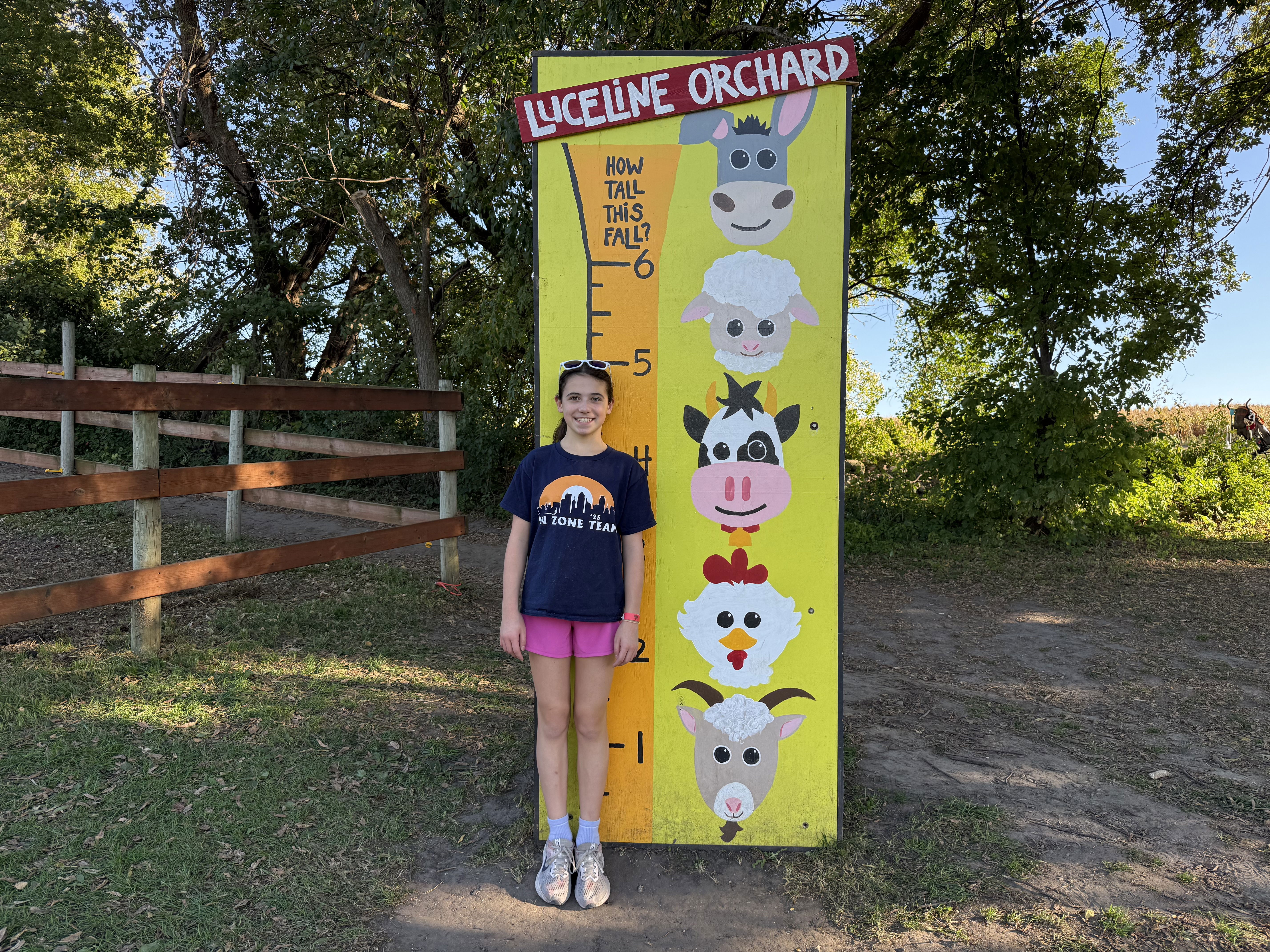 A girl stands next to a colorful height chart at Luceline Orchard, featuring painted cartoon animals and a sign that says “How tall this fall?