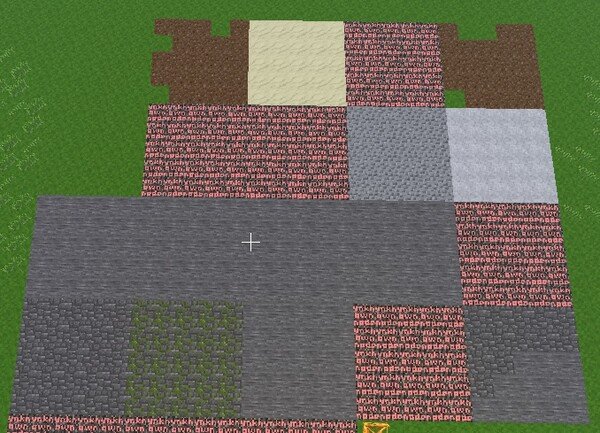A grid of Minecraft blocks, each square is 5x5 blocks. Not a lot of variation and some blocks have a 'unknown node' texture.