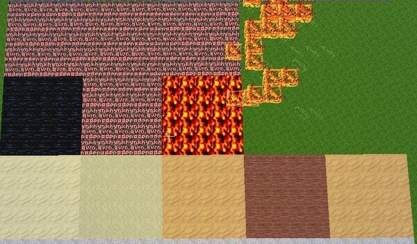 A grid of Minecraft blocks, each square is 5x5 blocks. One block is lava and has set the area on fire.  Not a lot of variation and some blocks have a 'unknown node' texture. The last row is variations of sand.