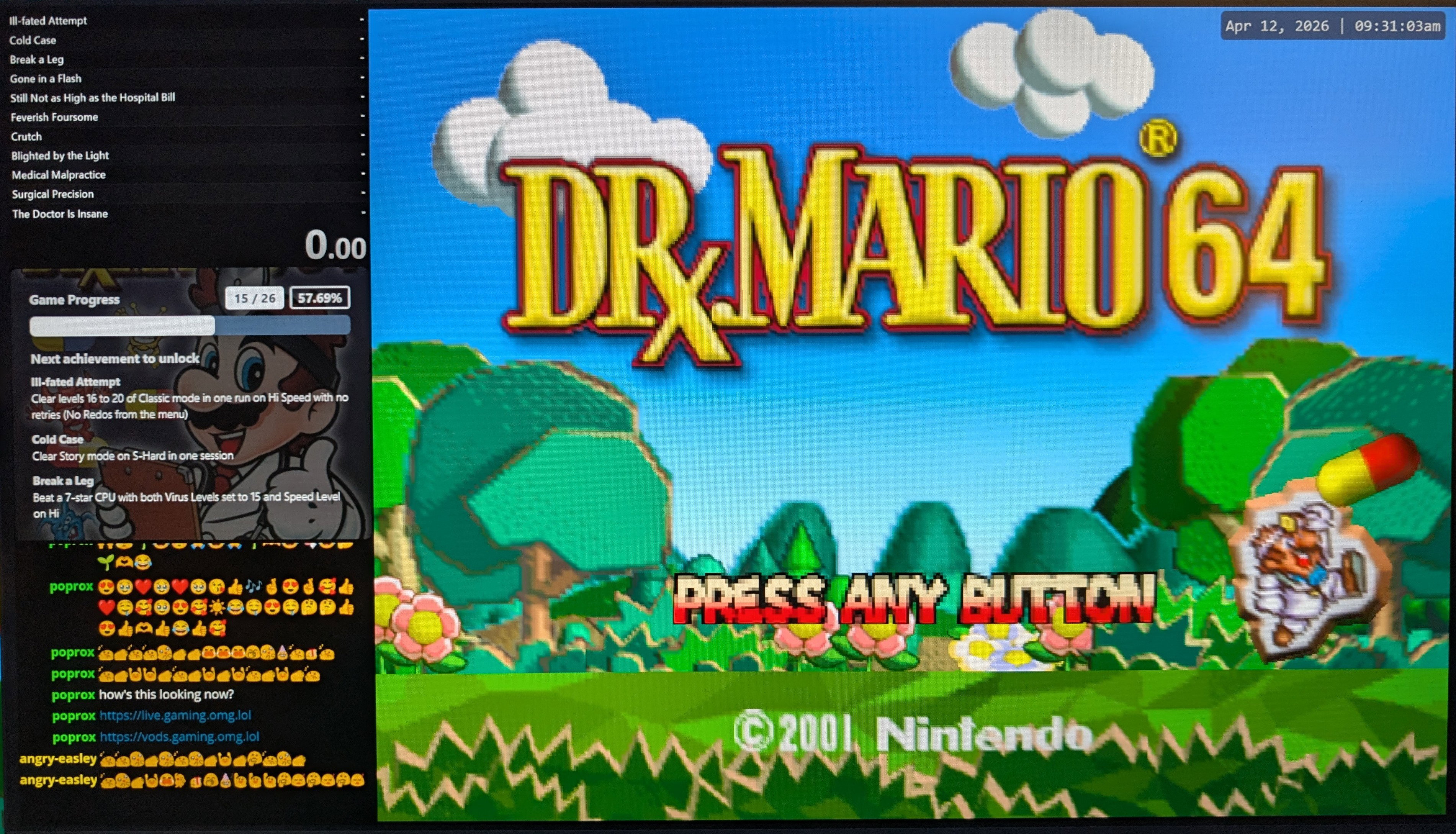 new layout! includes speedrun timer, achievement tracker, chat, Dr Mario 64, and a live timestamp