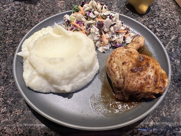 Mashed potatoes, faux-tisserie chicken, and salad kit. 2023-09-01