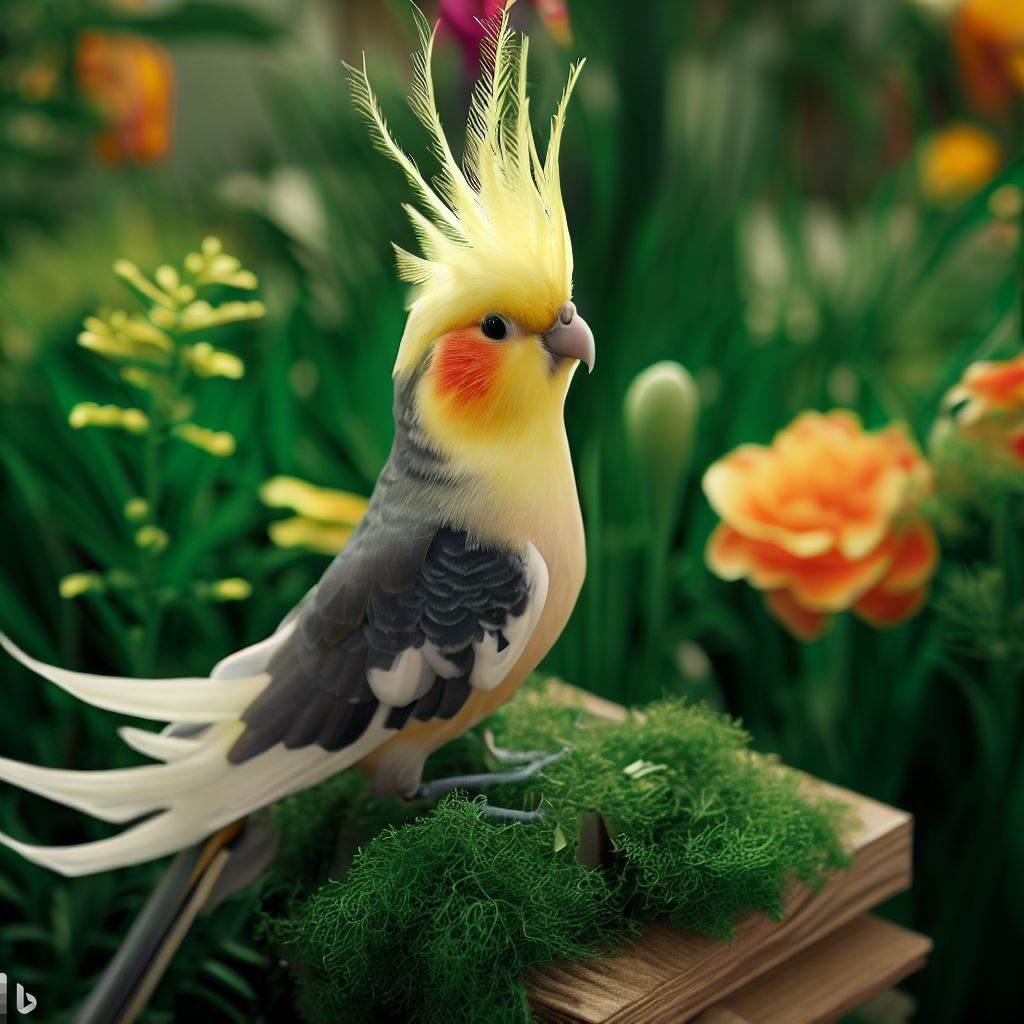 A cockatiel in a garden created by Bing Image Creator 🦜