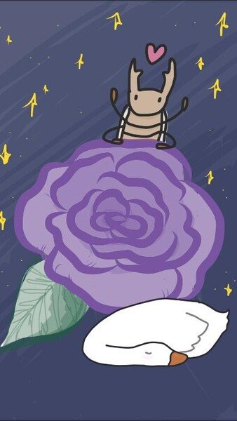 Digital drawing of a purple flower on a starry background. Peeking up from behind the flower is a beetle with its front legs in the air and a heart drawn above it. Beneath the flower, a goose sleeps.