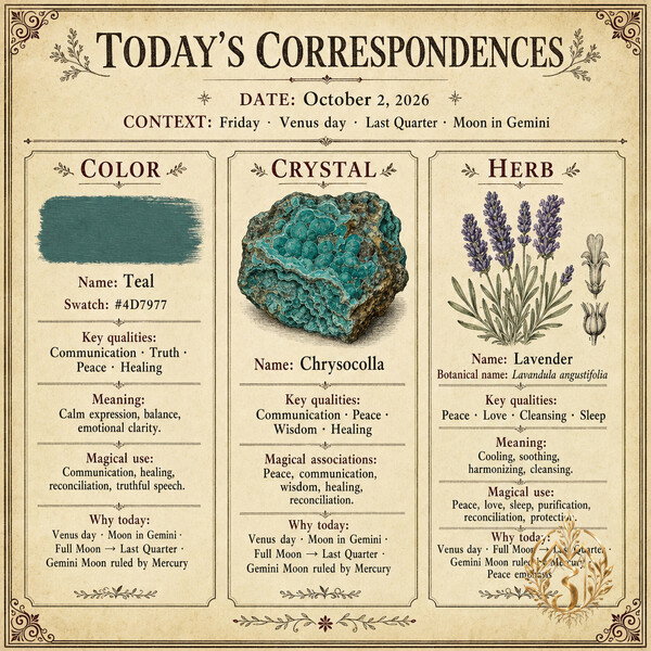 **Today's Correspondences — October 2, 2026**

Teal · Chrysocolla · Lavender

[Plan the day on Miz Jeannie →](https://mizjeannie.com/almanac)