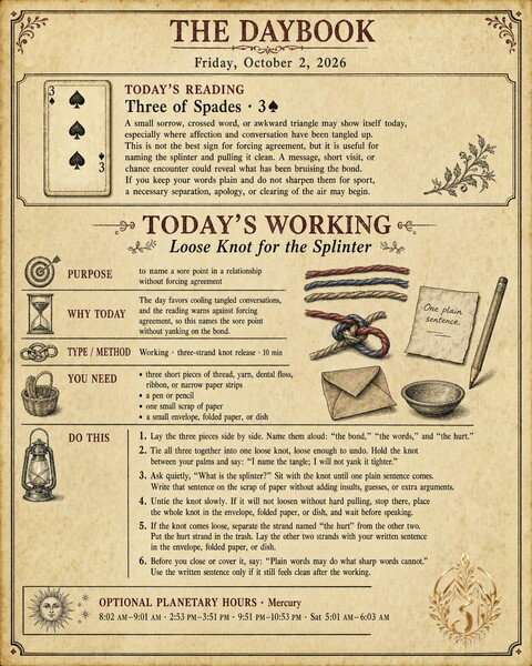The Daybook · October 2, 2026
Reading: Three of Spades
Working: Loose Knot for the Splinter
Purpose: to name a sore point in a relationship without forcing agreement
Why today: The day favors cooling tangled conversations, and the reading warns against forcing agreement, so this names the sore point without yanking on the bond.

Daybook: https://mizjeannie.com/daybook