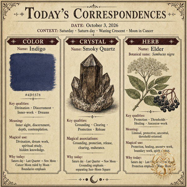 **Today's Correspondences — October 3, 2026**

Indigo · Smoky Quartz · Elder

[Plan the day on Miz Jeannie →](https://mizjeannie.com/almanac)
