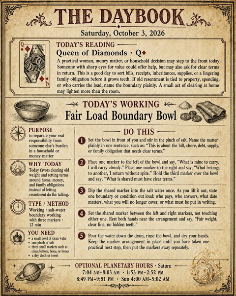 The Daybook · October 3, 2026
Reading: Queen of Diamonds
Working: Fair Load Boundary Bowl
Purpose: to separate your real responsibility from someone else's burden in a household or money matter
Why today: Today favors clearing old weight and setting terms around home, money, and family obligations instead of letting resentment do the talking.

Daybook: https://mizjeannie.com/daybook