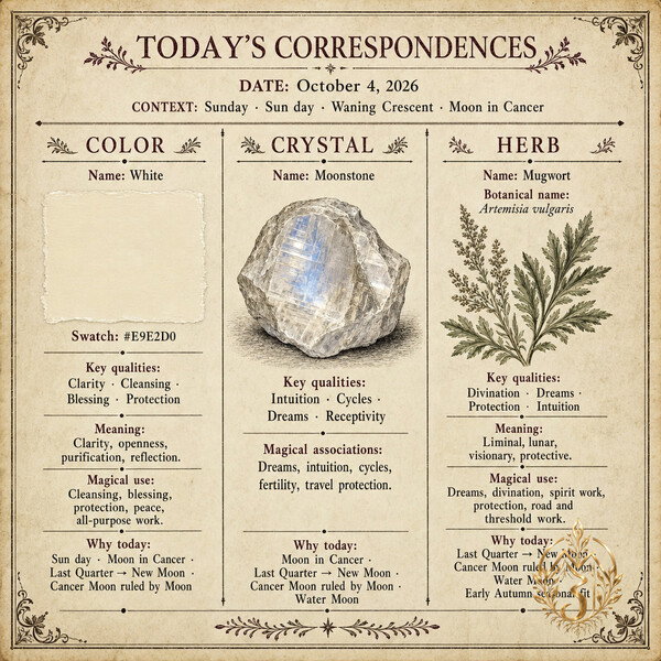 **Today's Correspondences — October 4, 2026**

White · Moonstone · Mugwort

[Plan the day on Miz Jeannie →](https://mizjeannie.com/almanac)