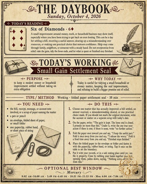 The Daybook · October 4, 2026
Reading: Six of Diamonds
Working: Small Gain Settlement Seal
Purpose: to keep a modest money or household improvement settled without taking on extra obligation
Why today: Today is useful for tidying a small household or money matter, keeping the real improvement, and refusing to build a bigger promise out of relief.

Daybook: https://mizjeannie.com/daybook