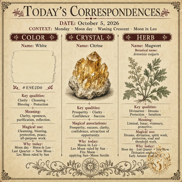 **Today's Correspondences — October 5, 2026**

White · Citrine · Mugwort

[Plan the day on Miz Jeannie →](https://mizjeannie.com/almanac)