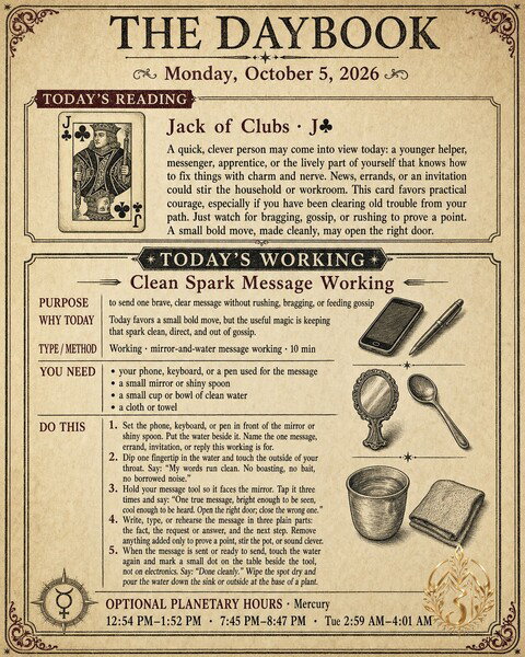 The Daybook · October 5, 2026
Reading: Jack of Clubs
Working: Clean Spark Message Working
Purpose: to send one brave, clear message without rushing, bragging, or feeding gossip
Why today: Today favors a small bold move, but the useful magic is keeping that spark clean, direct, and out of gossip.

Daybook: https://mizjeannie.com/daybook