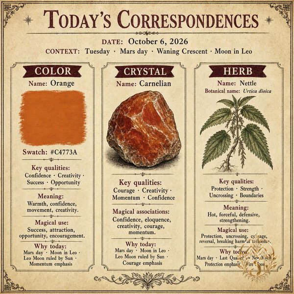 **Today's Correspondences — October 6, 2026**

Orange · Carnelian · Nettle

[Plan the day on Miz Jeannie →](https://mizjeannie.com/almanac)