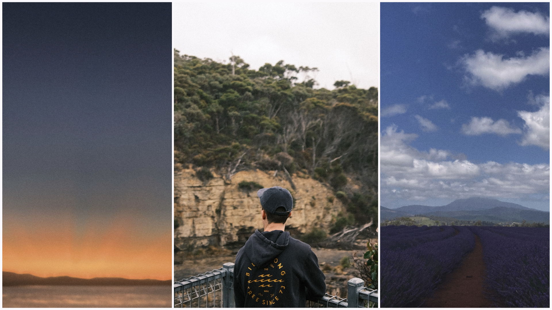 a banner with 3 images. on the left, a blurry sunset, in the middle, a teenager looking over a lookout, and on the right, a lavender field with a mountain background. there is a white line bordering the images.