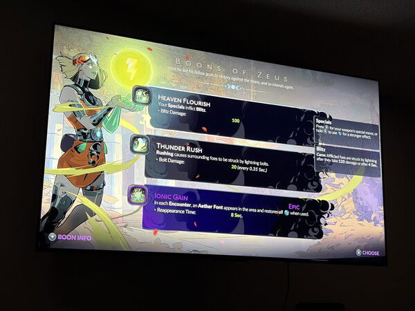 Back at Hades again.

A video game screen displays a character with abilities: Heaven Flourish, Thunder Rush, and Ionic Gain, each with details and icons.