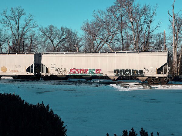 A freight train with graffiti on snowy tracks under a clear blue sky, surrounded by bare trees.