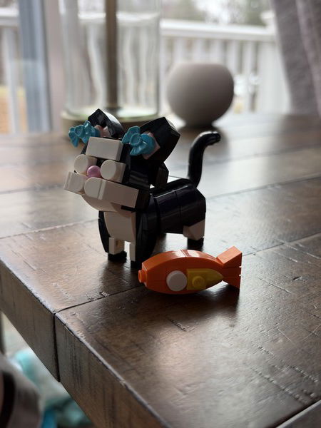 Brick kitty

A colorful LEGO cat with blue ears and an orange fish on a wooden table near a window.