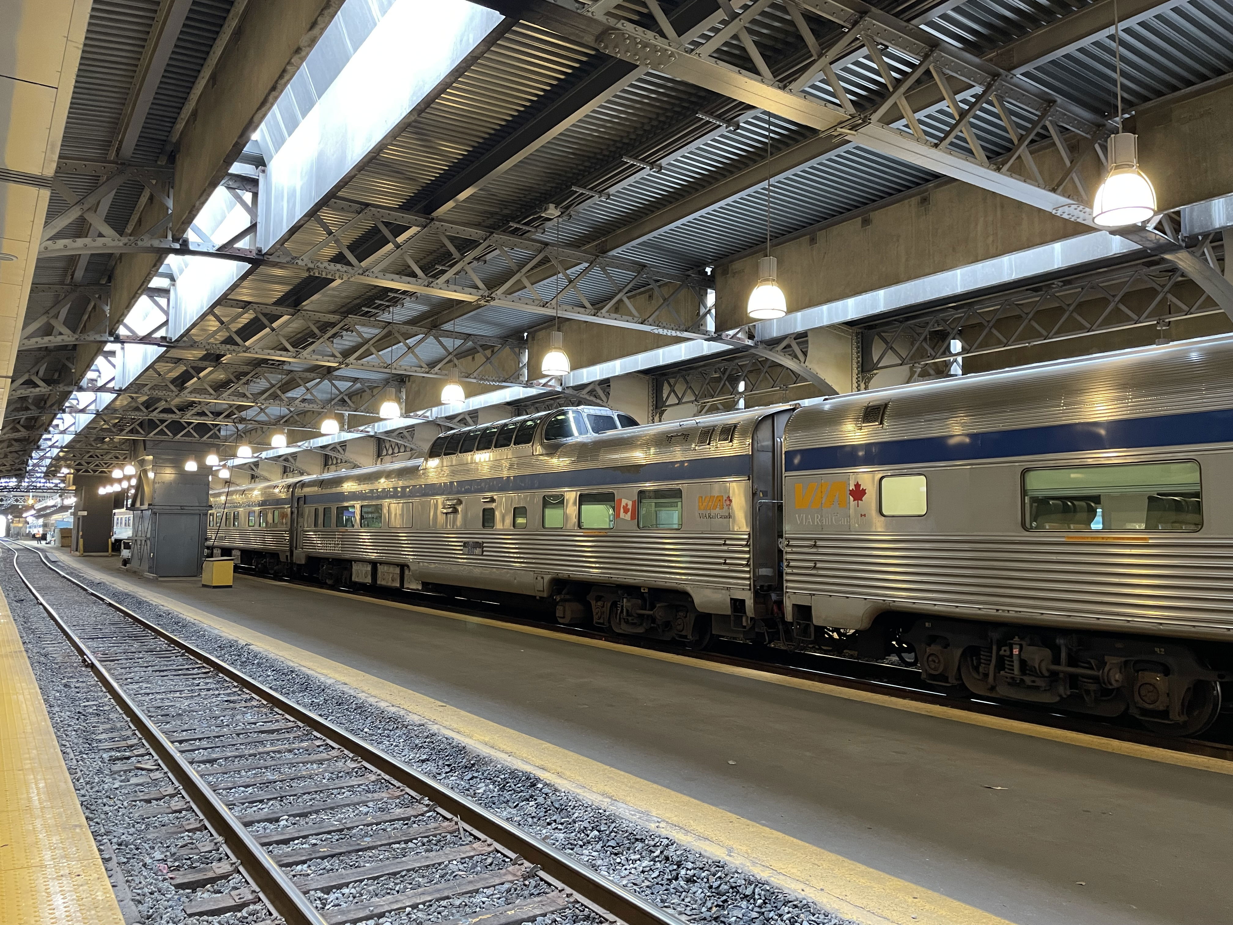 A VIA Rail dome car on the Canadian at Union Station in Toronto, ON.