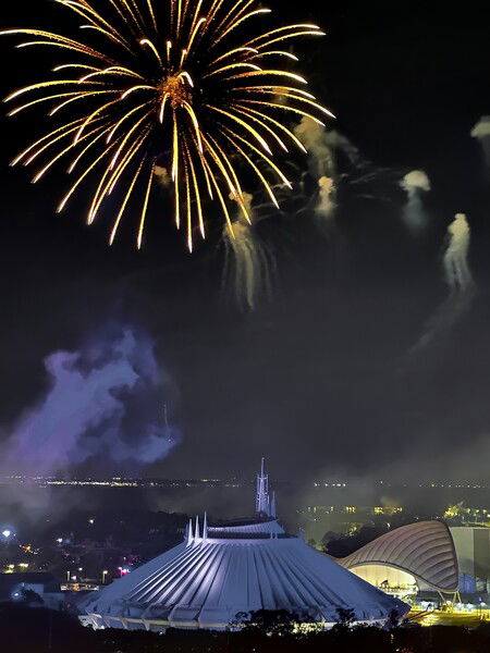 Monday Memories - Fireworks over WDW's Space Mountain. View from atop the Contemporary Resort at the California Grill.