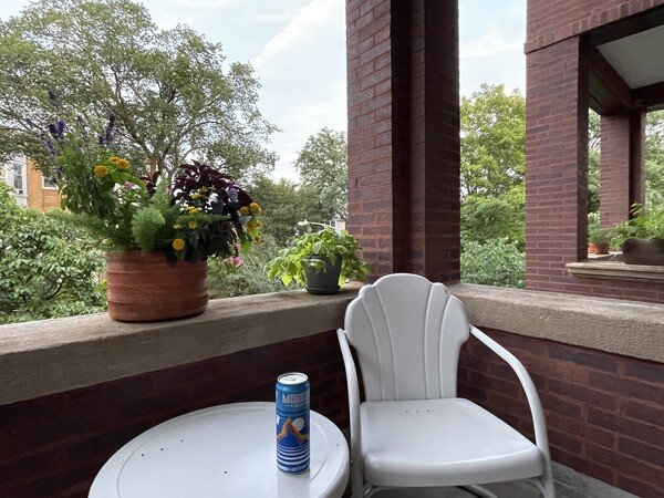 A view from a tree-surrounded balcony, a white chair next to a table with a Montucky Cold
Snack can on it in the foreground 