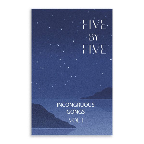 This is a cover of our latest paperback, Five By Five. It shows a mysterious evening with some quiet islands.