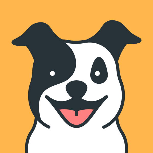 A cartoon-like drawing of the smiling face of a small black and white dog with a bright orange background. You can see her pink tongue in her mouth