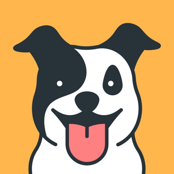 A cartoon-like drawing of the smiling face of a small black and white dog with a bright orange background. You can see her pink tongue hanging out of  her mouth