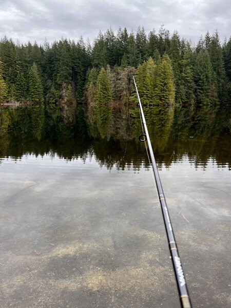 a fishing rod casting its line into Rice Lake, North Vancouver, BC. Across the lake you can see the forest trees under cloudy skies. 