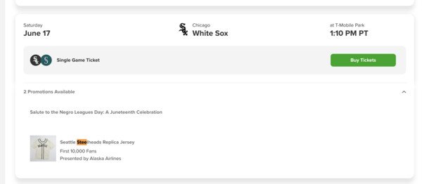 screenshot of a listing for mariners tickets for june 17th vs the white sox