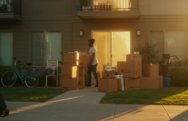 A Black man carries a moving box out of an apartment. There are several moving boxes on the lawn and sidewalk, as well as a bicycle.