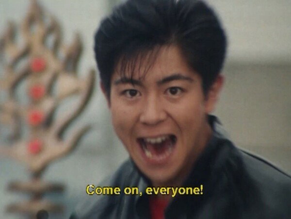 Ryou from Gosei Sentai Dairanger calls the team to battle. This screencap is from episode 47 of the series.