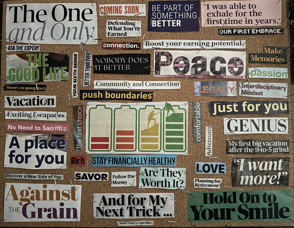 A vibrant vision board on a brown corkboard is covered with various magazine cutouts, phrases, and graphics pinned haphazardly with silver staples. The collage features inspirational and lifestyle-oriented text such as 'The One and Only,' 'THE GOOD LIFE,' 'Peace,' 'LEGACY,' and 'Hold On to Your Smile,' alongside travel-related snippets like 'Vacation' and 'Exciting Escapades.' Centrally located is a graphic of four battery icons in varying states of charge, with the fullest green battery showing two figures helping each other climb to the top. The overall style is eclectic and aspirational, capturing a DIY, motivational mood focused on personal growth, financial health, and future adventures.