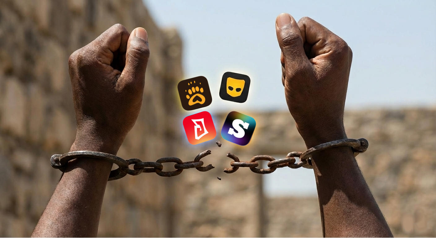 This symbolic digital composite features a close-up of two dark-skinned hands raised against a clear, sunlit sky, breaking a heavy iron chain that connects shackles around the wrists. Floating centrally within the gap of the broken links are the icons for four prominent gay dating and social apps: Scruff, Grindr, Jack'd, and Sniffies. Set against a blurred background of weathered stone walls, the image employs a naturalistic, high-contrast lighting style to convey a powerful message of liberation and digital divestment, framing the departure from these platforms as a profound act of personal freedom.
