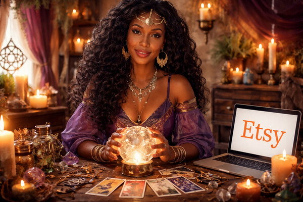 A woman with long, voluminous dark curly hair and golden jewelry sits at a wooden table in a warm, candlelit room, holding a glowing crystal ball. She wears an elegant purple off-the-shoulder dress, and her workspace is adorned with tarot cards, crystals, and glass jars, creating a mystical and cozy atmosphere. To her right, a laptop displays the Etsy logo on its screen, suggesting a modern take on a spiritual or divinatory business. The image is a vibrant, highly detailed digital illustration with a rich, cinematic aesthetic, characterized by soft amber lighting and a magical, inviting mood.