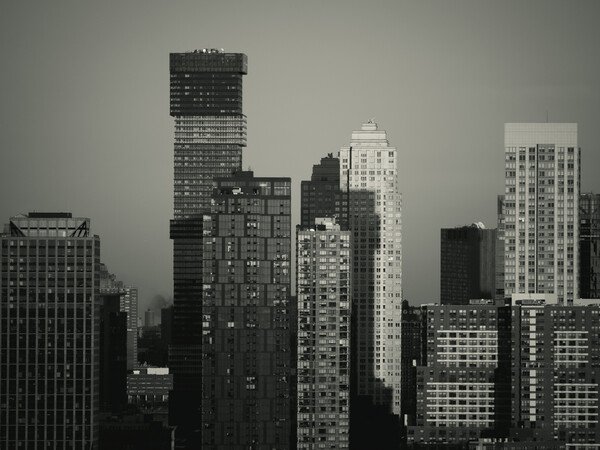 Monochromatic city skyline with a variety of high-rise buildings, featuring an eclectic mix of architectural styles