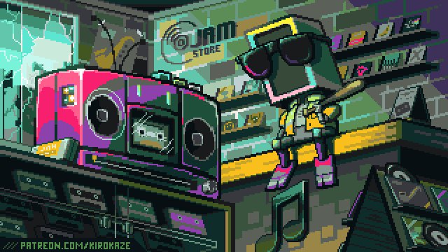 Jamming by Kirokaze. An animated GIF in pixel art style. A block-headed robot sits on the counter inside the 'JAM Store', listening to music from a pulsating boombox on the counter. The robot is wearing sunglasses and holding a baseball bat.