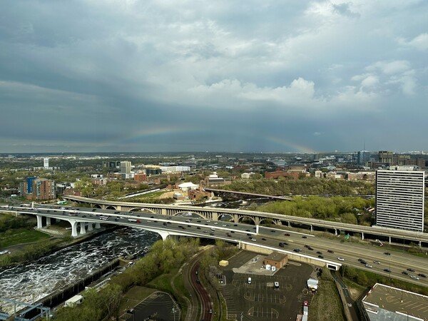 A rainbow over the city of St. Paul, Minnesota.