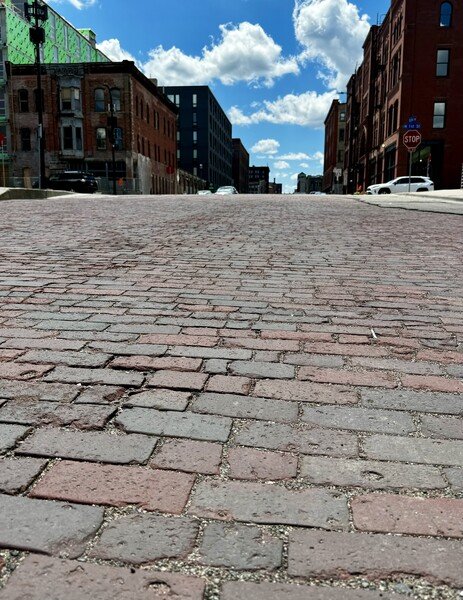 A cobblestone street in Minneapolis, Minnesota.
