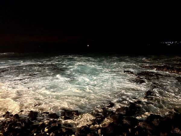 waves crash against rocks at night 