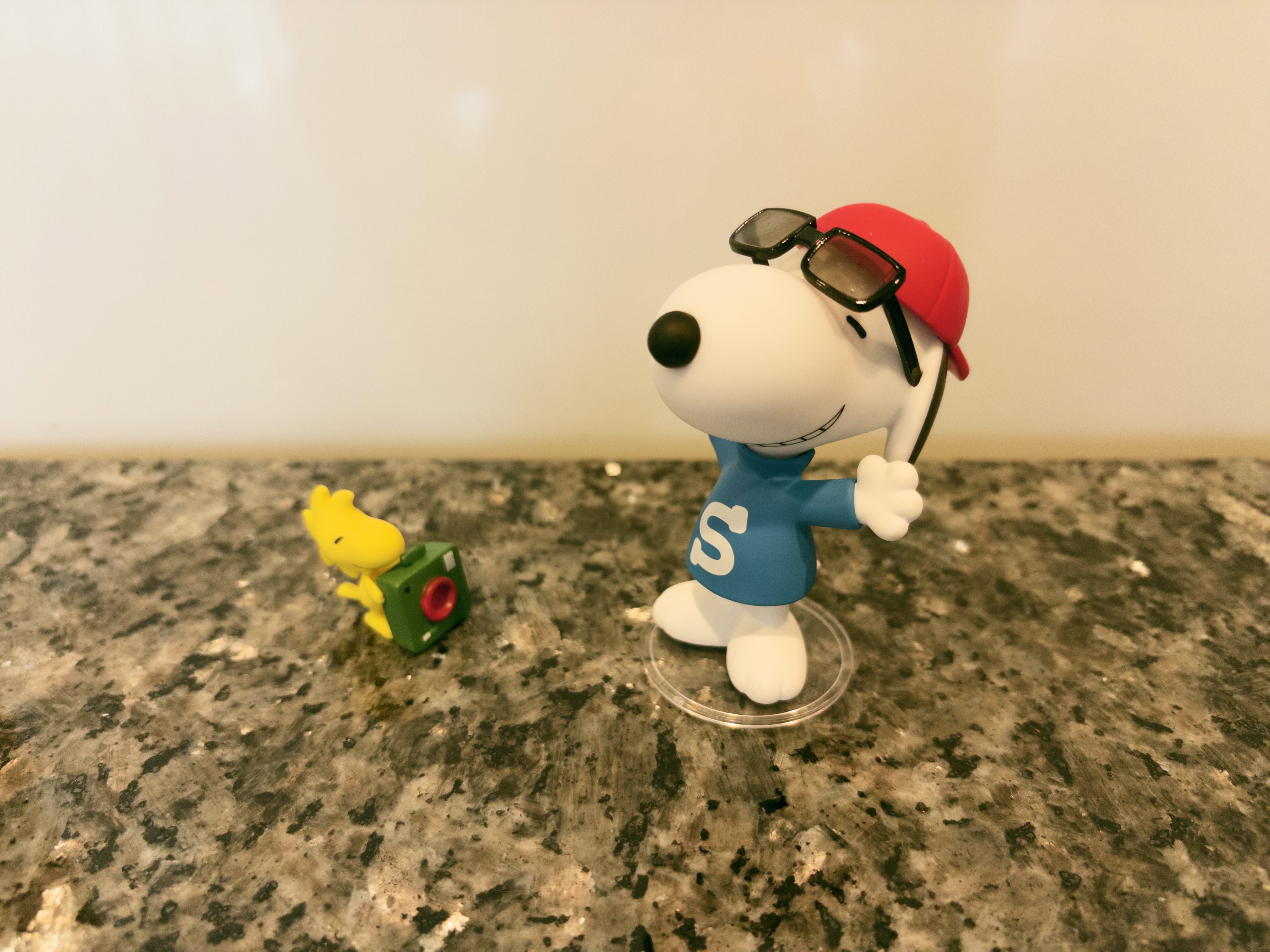 A Snoopy figure is posing with sunglasses while a Woodstock figure holds a camera.