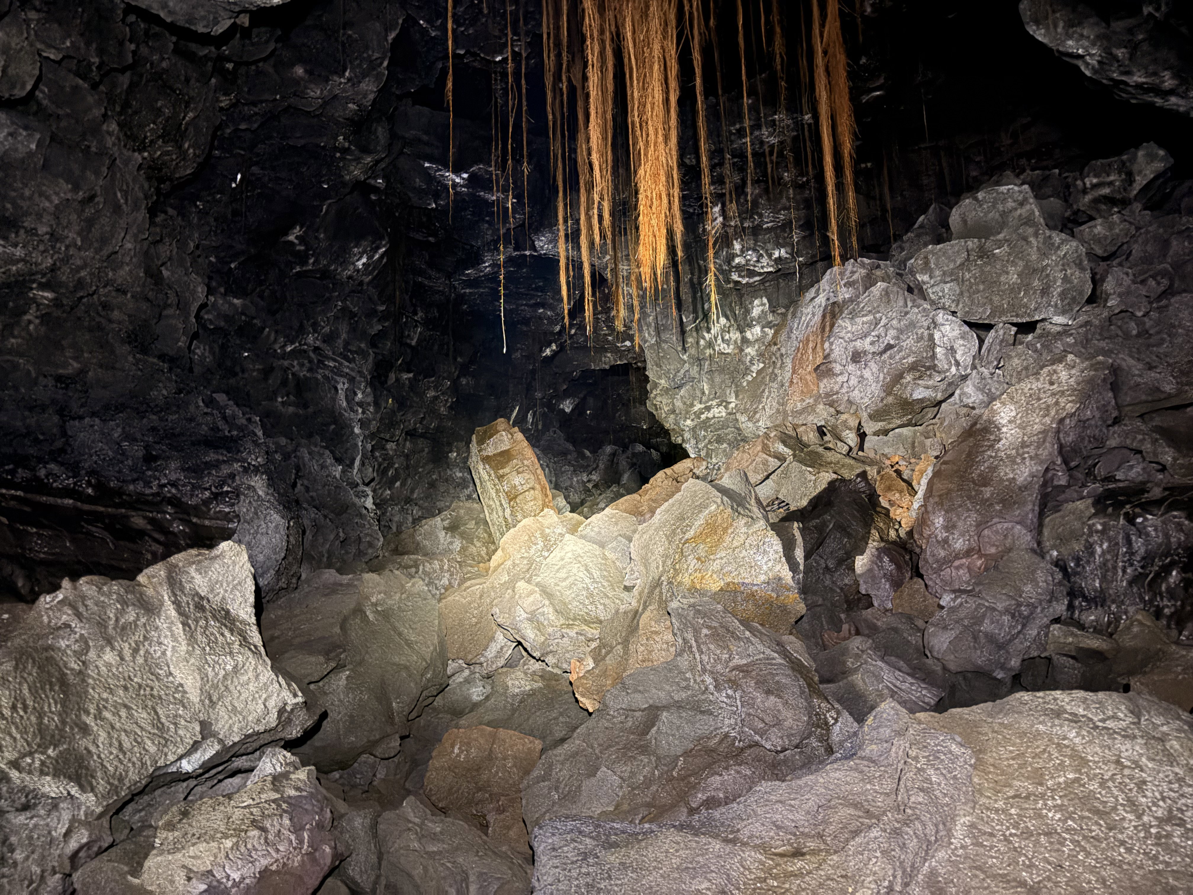A very rocky cave continues, with roots hanging from the roof.