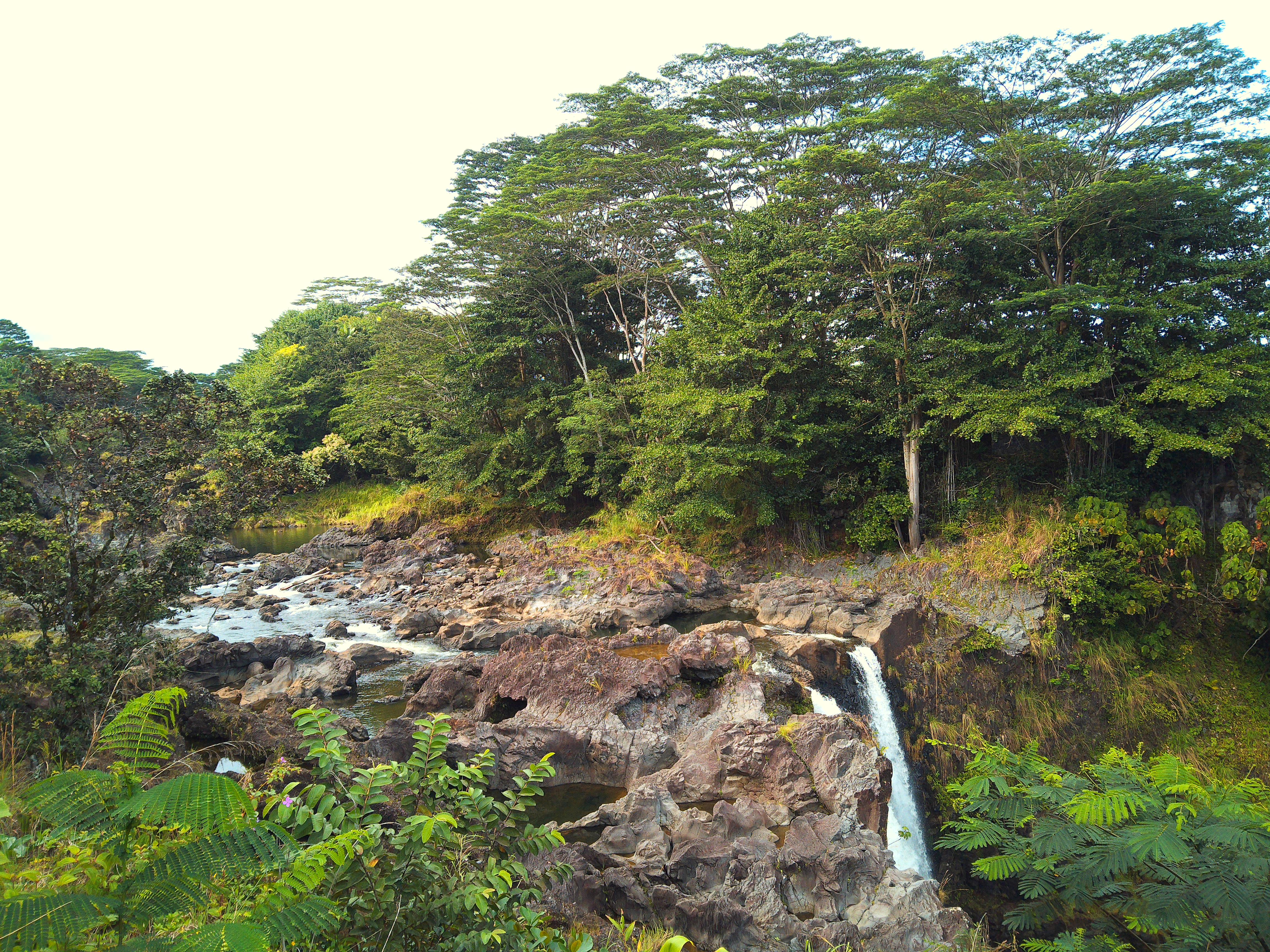 A river runs into a waterfall.