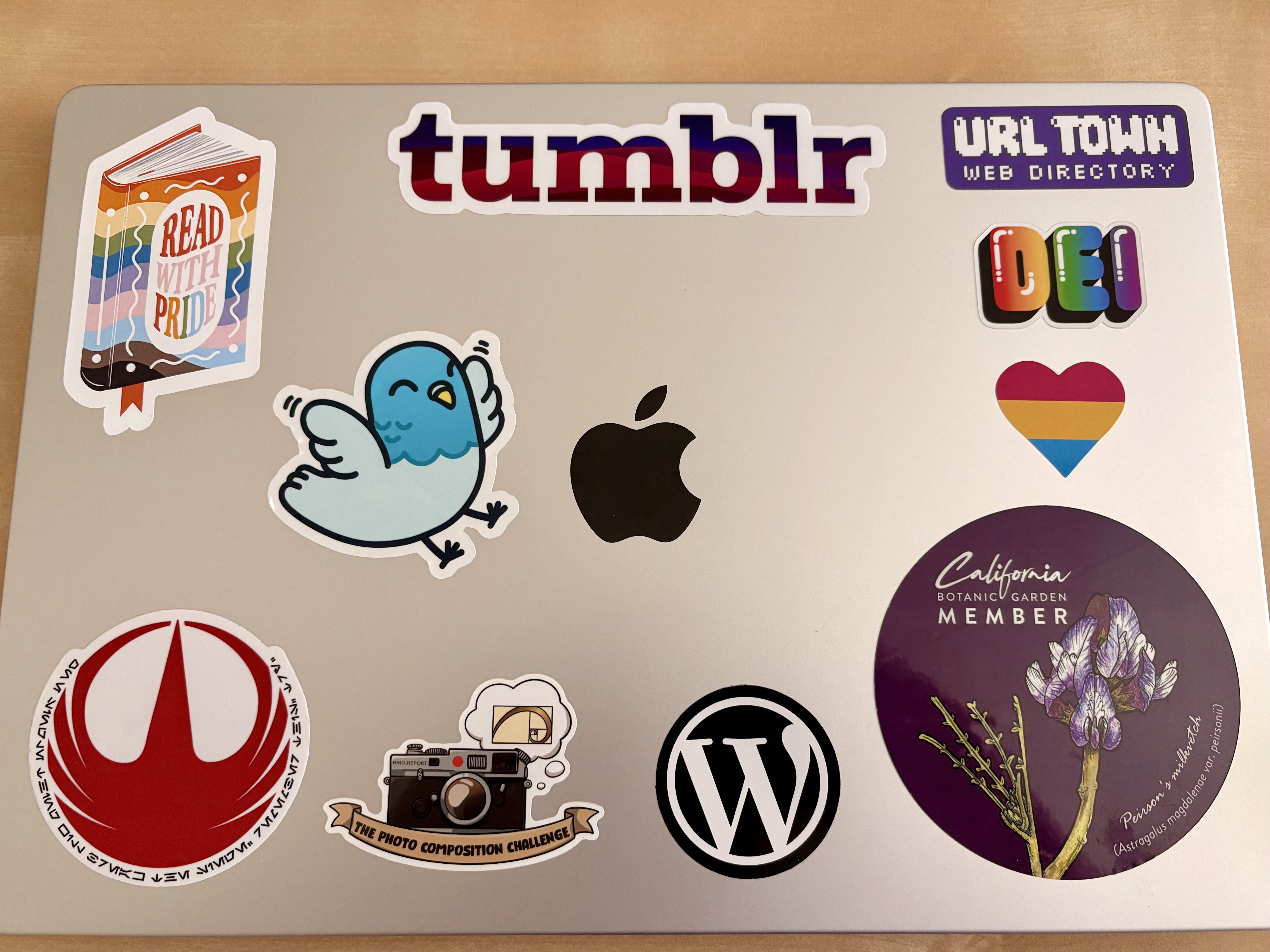 A MacBook Pro covered in stickers depicting a rainbow book that says “Read with Pride,” Tumblr logo, URL Town Web Directory, rainbow DEI, pan pride heart, California Botanical Garden, WordPress logo, Photography Composition Challenge with camera and golden ratio, early Rebel Alliance logo loosely translated to “One word can break a siege: Try,” and Penelope the pigeon.