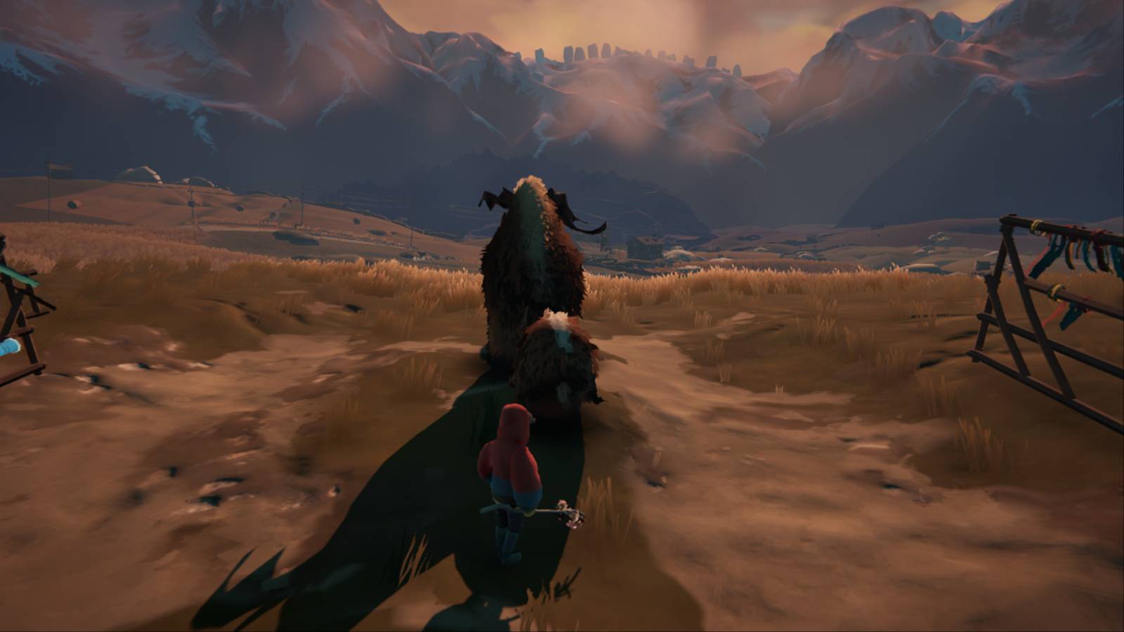 A screenshot of the game Herdling, not long after leaving the city. It depicts 3 precious Calicorns which are the fictitious herd animal in the game that you care for. They are seen in a countryside setting, with the sun rising over distant mountains making for long shadows.